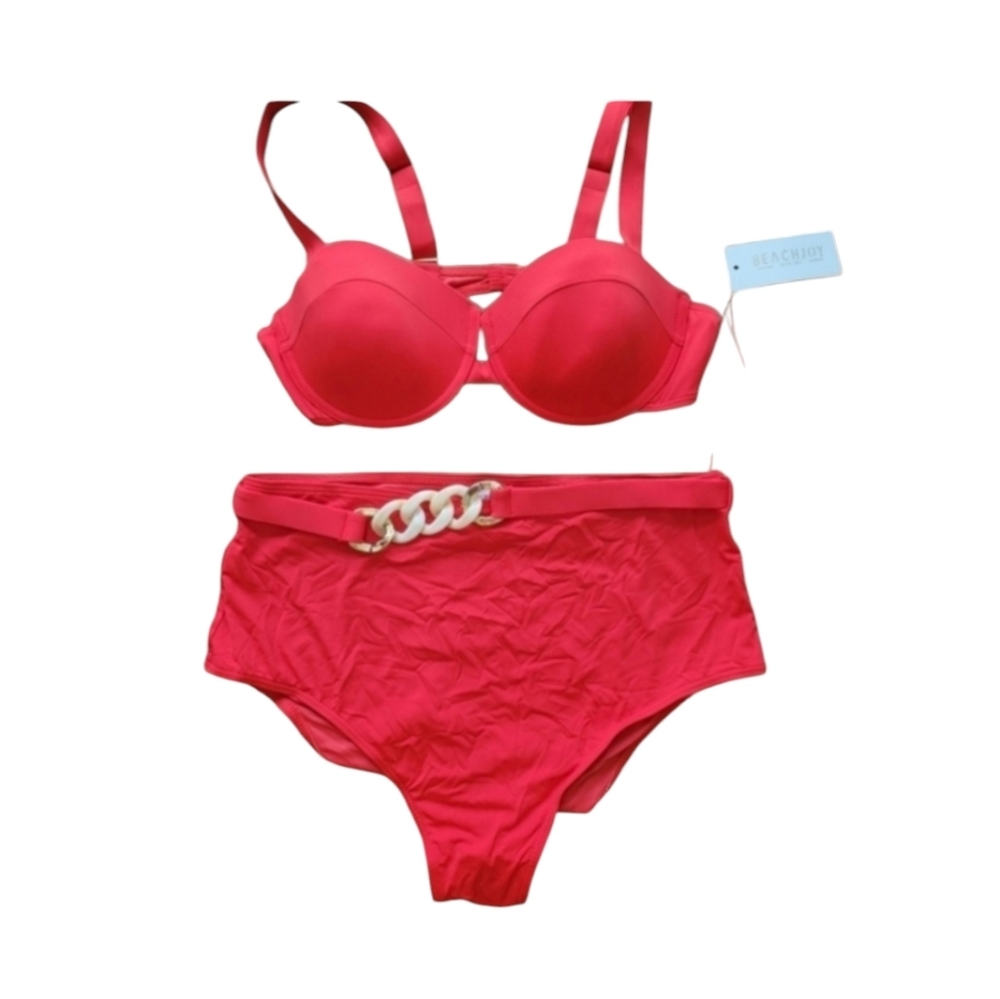 Beach Joy Red High Waist Padded Bikini With Gold White Metal Accents Size Large